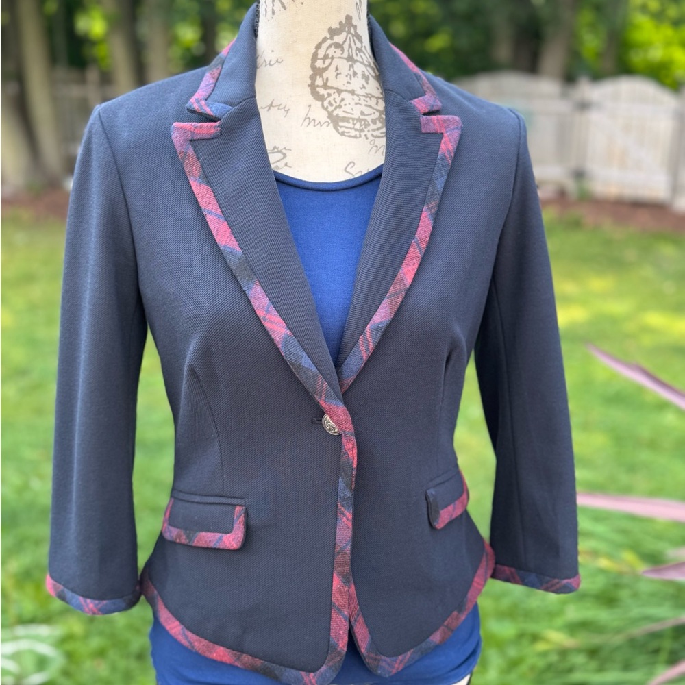 Y2K Cropped Fitted Blazer | Preppy Plaid Trim Jacket | Academia Aesthetic